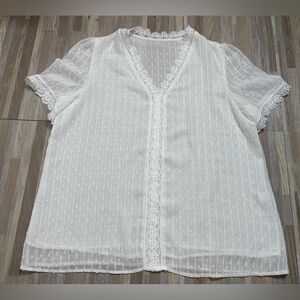Sheer White Lace Trim Blouse, Size 1X